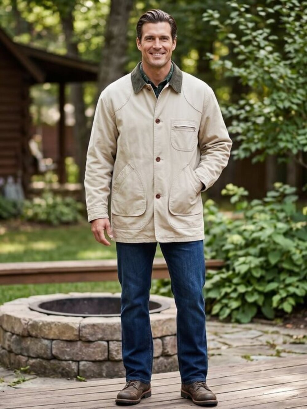 L.L. Bean Men's Beige Field Jacket with Dark Green Collar size XL